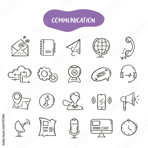 Hand drawn line style icons of Communication. Doodle icons set 