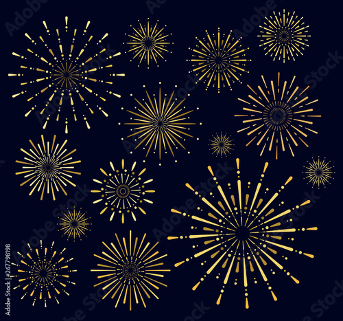 Vector illustration set of golden firework salute burst on dark background. Salute collection in night sky background.