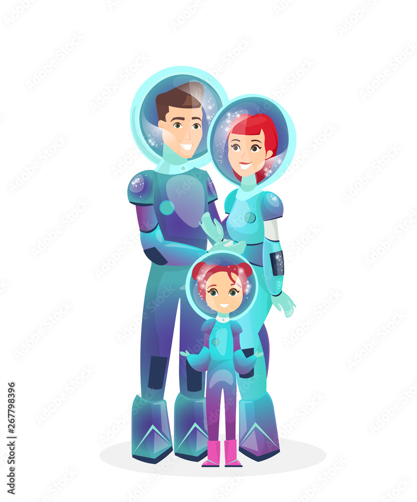 Vector illustration of spaceman family. Happy astronauts in space suit - woman, man and daughter. Space colonization concept, Cosmonauts in futuristic clothes in cartoon style on white background.