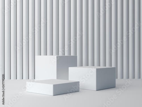 3d render. White shapes on white abstract background. Minimal box podium. Scene with geometrical forms and white textured wall. Empty showcase for cosmetic product presentation. Fashion magazine. 