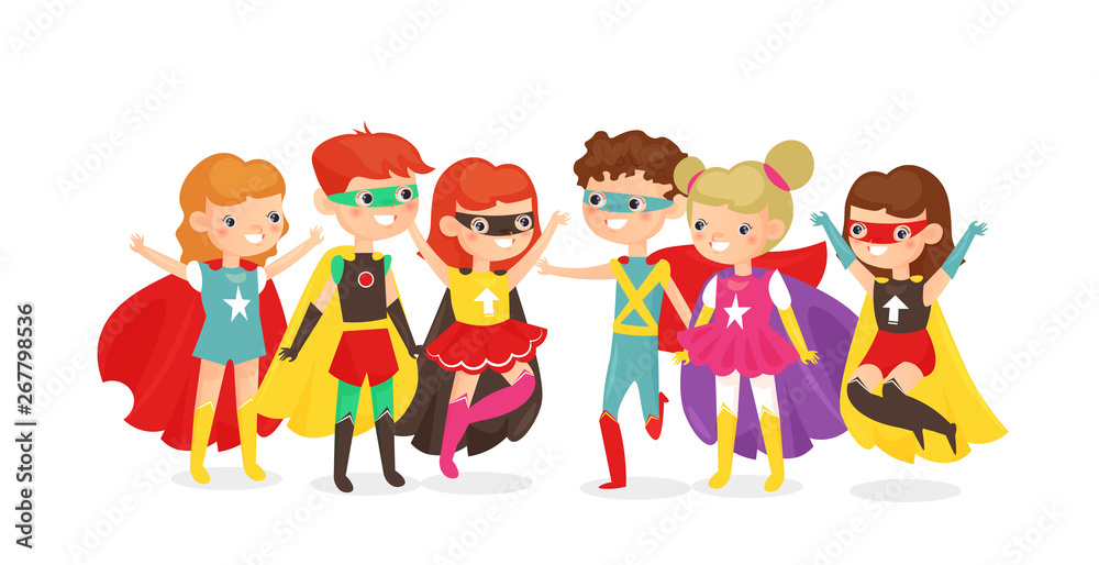 Vector illustration of boys and girls in superhero costumes isolated on white background. Happy children have fun together in super hero costumes in cartoon flat style. Vector illustration of boys and girls in superhero costumes isolated on white background. Happy children have fun together in super hero costumes in cartoon flat style.