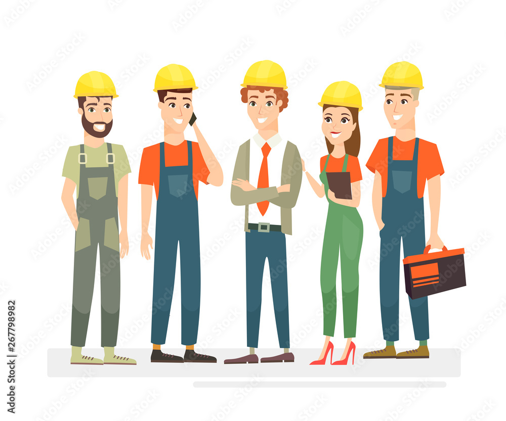 Vector illustration of workers team, engineers and builders dressed in protective vests and helmets. Workers in cartoon flat style isolated on white background.