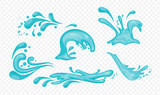 Vector illustration set of blue water splashes and waves in flat style isolated on transparent background.