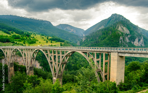 Beautiful Djurdjevica Bridge over River Tara Canyon. Durmitor National Park in Montenegro, Balkans, Europe