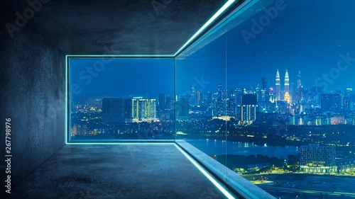 Fototapeta Pusty loft nieumeblowane współczesne wnętrze biura z panoramą miasta i miasto budynków ze szklanego okna.