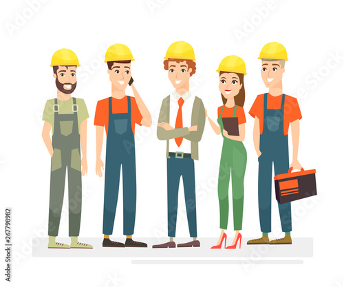 Vector illustration of workers team, engineers and builders dressed in protective vests and helmets. Workers in cartoon flat style isolated on white background.