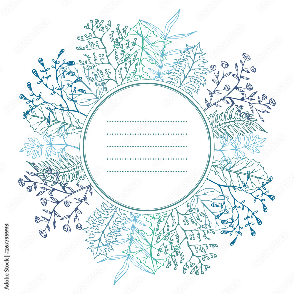 Obraz premium Floral card with herbal, twigs, leaves and branches wreath.