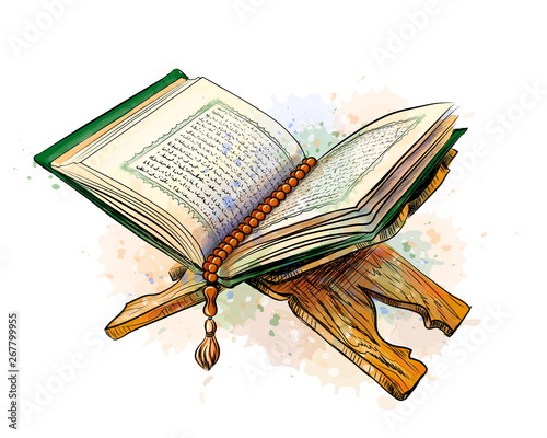 The open holy book the Koran on a stand. Vector sketch drawn image with watercolor splashes on white background photo