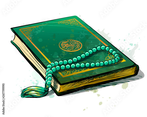 The holy book of the Koran is green with a rosary. Vector sketch drawn image with watercolor splashes on white background photo