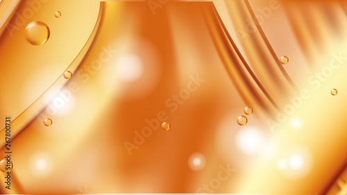 Orange golden flowing liquid vector abstract background, oil texture with flying drops. Streams of oil, honey or fluid with light element. Template for cosmetic or sale banner or flyer.
