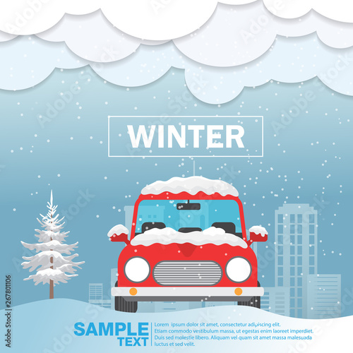 Car front View on snow winter season Vector Illustration