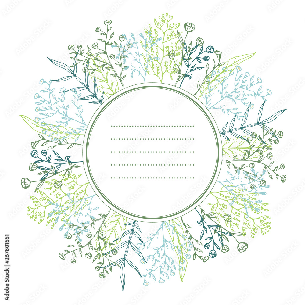 Floral card with herbal, twigs, leaves and branches wreath.