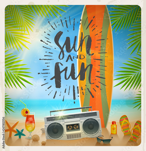 Vector illustration. Salt in the air, sand in my hair - handwritten quote calligraphy, tropical flowers frangipani, starfish and flip-flops on a wooden old gangway.