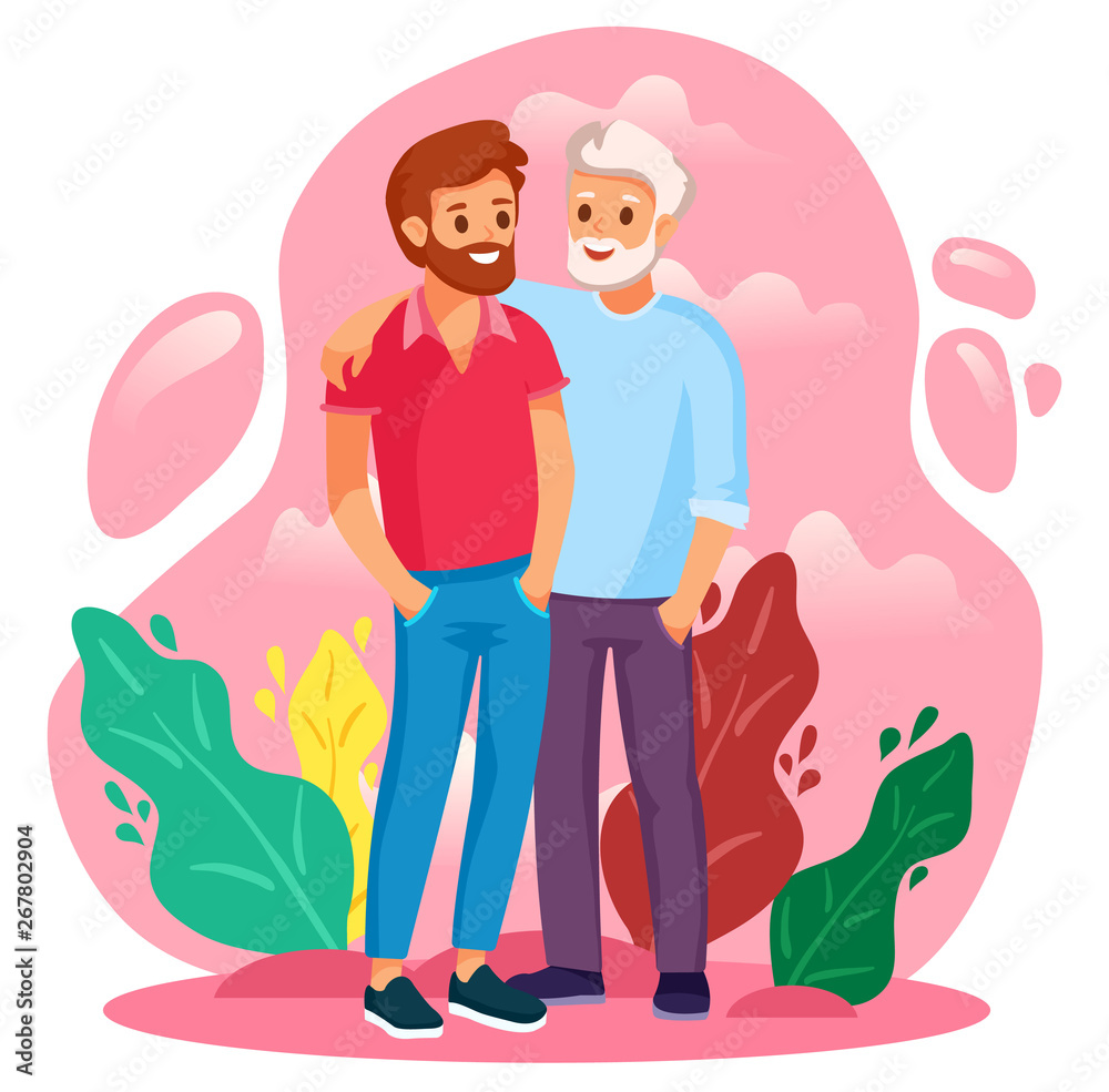 Couple of smiling adult men. One guy is hugging the other guy. Element lgbt and gay parade, protest. Vector illustration with lgbt man Couple of smiling adult men. One guy is hugging the other guy. Element lgbt and gay parade, protest. Vector illustration with lgbt man