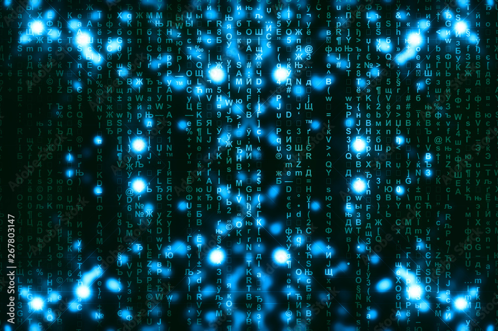 Blue green matrix digital background. Abstract cyberspace concept. Green characters fall down. Matrix from symbols stream. Virtual reality design. Complex algorithm data hacking. Cyan digital sparks.