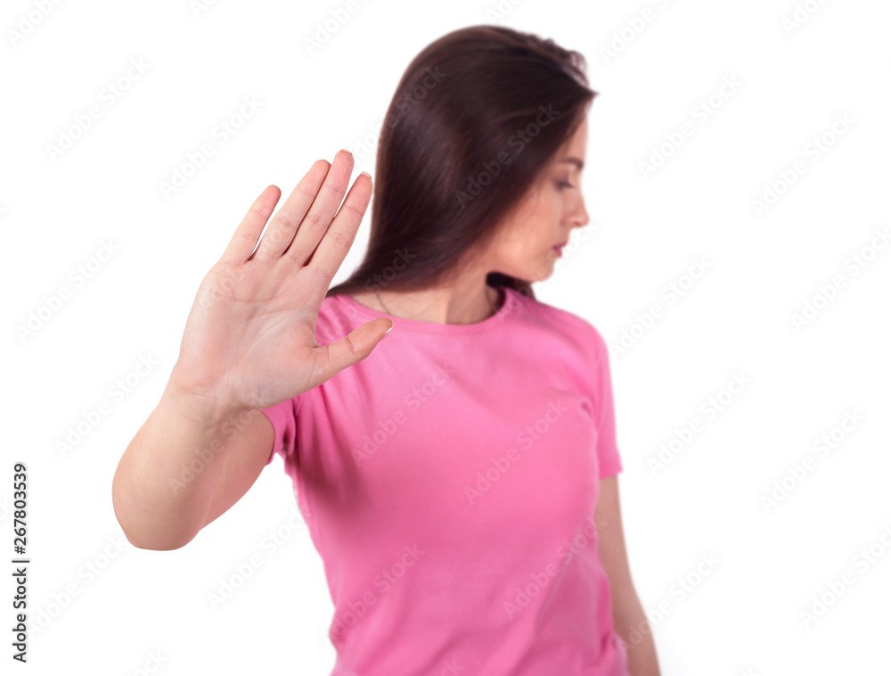 Stop gesture of refusal Woman vs Denial negative attitude disagree Stop gesture of refusal Woman vs Denial negative attitude disagree