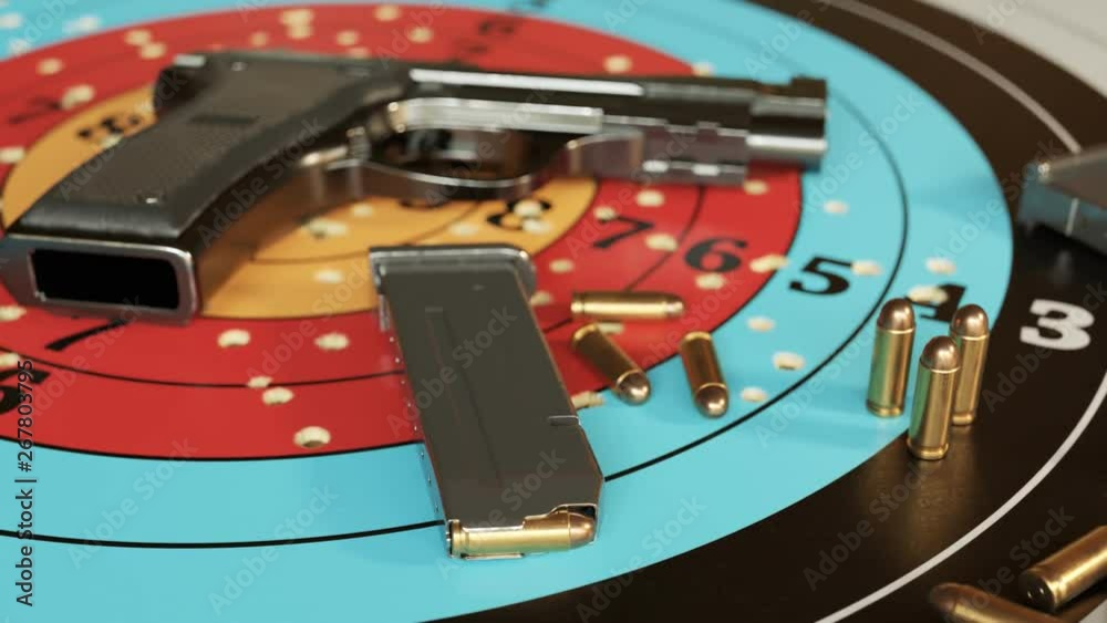 Gun and ammo on the shooting target. 9mm pistol with bullets and