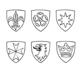 coat of arms with heraldic symbols, rose, cross, lily, star, crown and eagle, black and white icon set