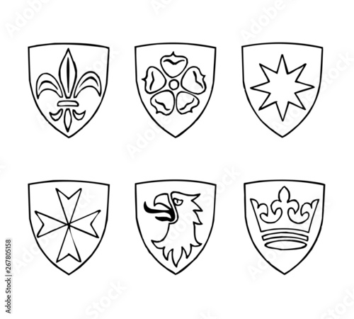 coat of arms with heraldic symbols, rose, cross, lily, star, crown and eagle, black and white icon set