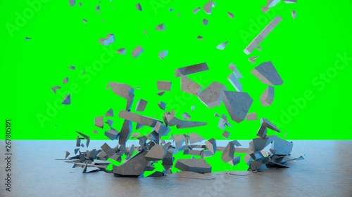 Cracked earth abstract background. Explosion destroys the wall, broken concrete wall. Wall fly to pieces. Hole in wall. Mock-up for your design project. 4K 3D animation on a green background