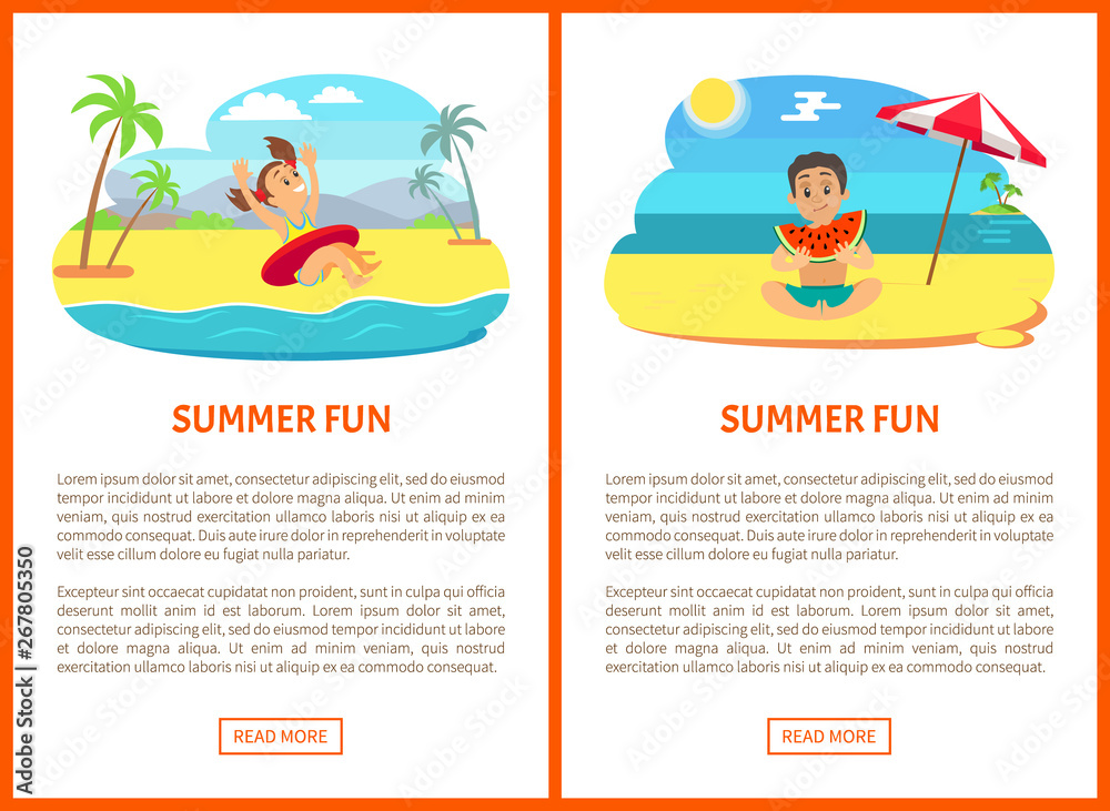 Girl jumping in water with hands up in inflatable circle. Boy eating watermelon, sitting teenager, character with full cheeks. Summer fun poster vector Girl jumping in water with hands up in inflatable circle. Boy eating watermelon, sitting teenager, character with full cheeks. Summer fun poster vector