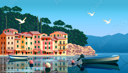 Mediterranean landscape with boats and fishing village in the foreground, sea and mountains in the background