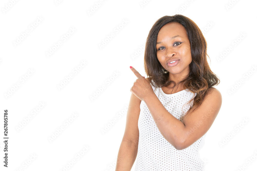 African American business woman pointing something aside blank copy space African American business woman pointing something aside blank copy space