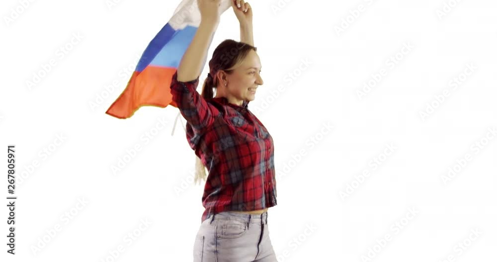 Adult woman fun dancing with Russian flag on white background. Adult woman fun dancing with Russian flag on white background.