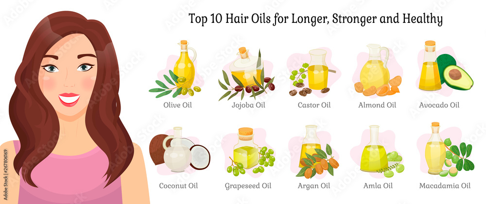Top ten oils vector advertisement for longer, stronger and healthy hair.  Vector olive and jojoba, castor and almond, illustrations of oil for hair,  avocado and coconut, grapeseed, argan, amla Stock Vector |