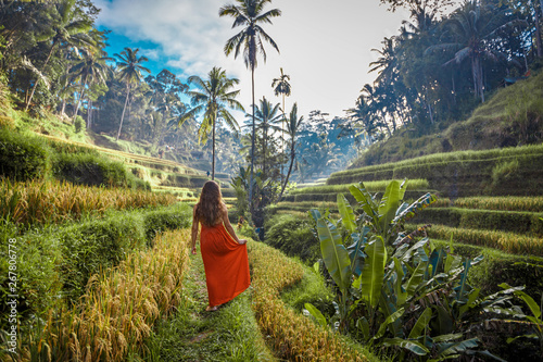Young woman in red dress walking in rice fields Bali in Tegallalang. Rustic Ubud village landscape outside. Fashion style photo