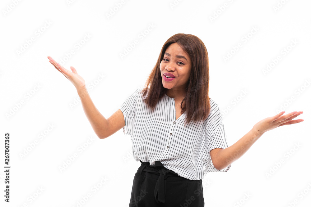 portrait of african young girl possing and gesticulates hands on background portrait of african young girl possing and gesticulates hands on background