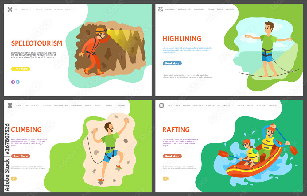 Fototapeta premium Speletourism and man climbing wall training vector, practicing male holding rocks, rafting team in boat. Highlining person balancing walking on thin line. Website template, landing page flat style