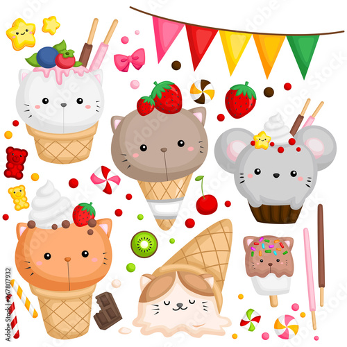 a vector of many ice cream with cute cat on top