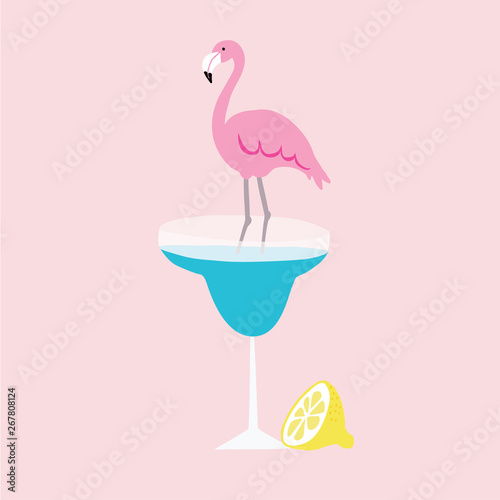 Summer greeting card, invitation. Hand drawn lemon fruit and pink flamingo bird standing in margarita cocktail drink. Vector illustration background. Modern flat design.