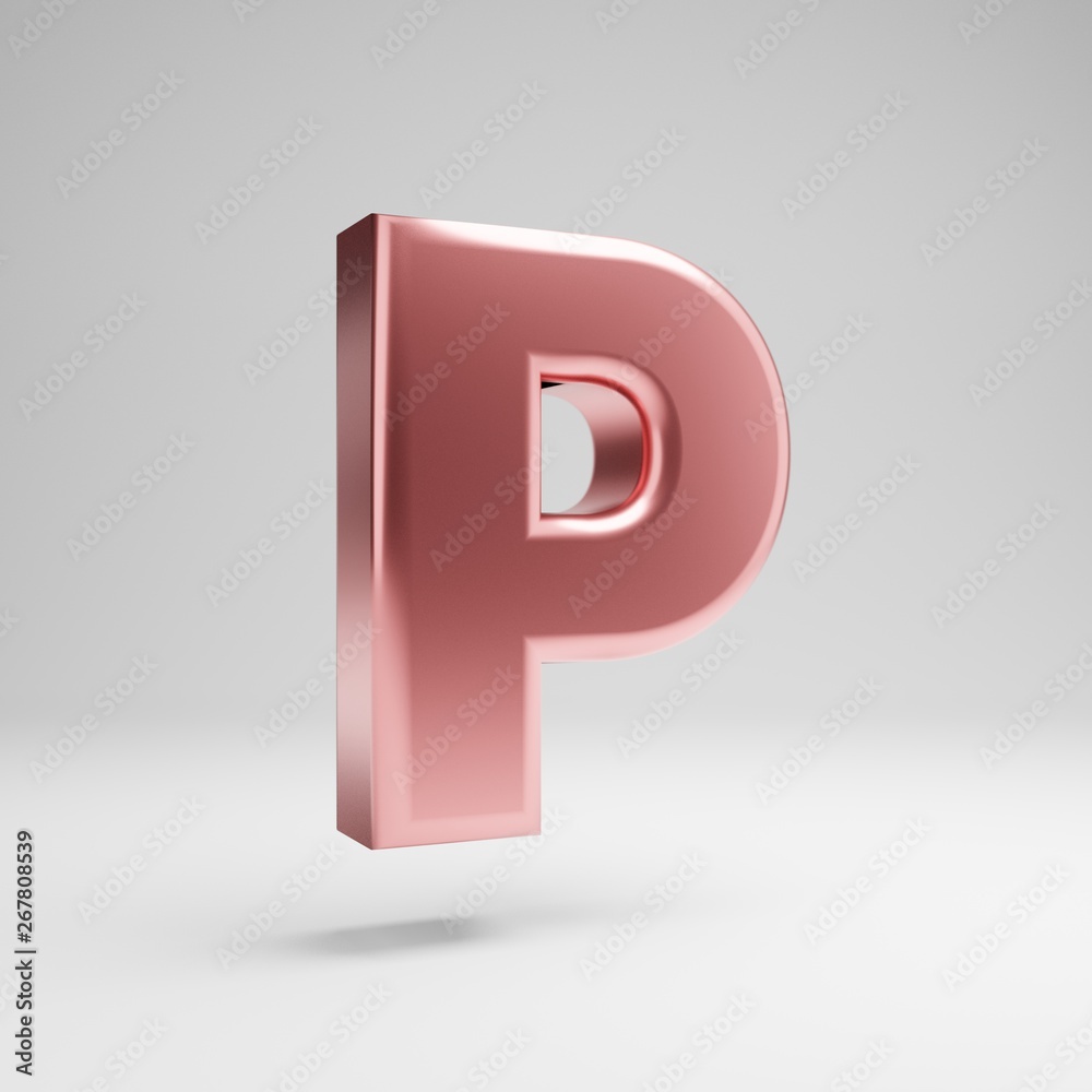 Volumetric glossy Rose Gold uppercase letter P isolated on white background.