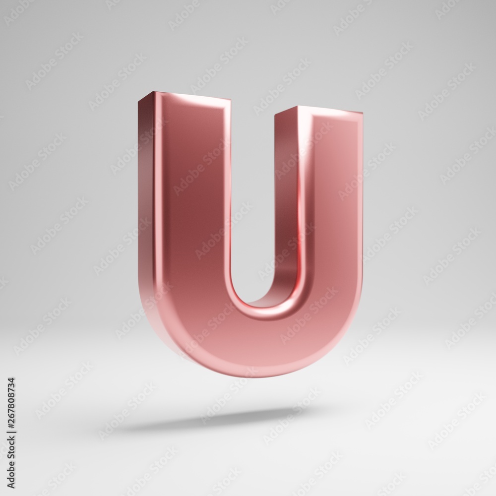 Volumetric glossy Rose Gold uppercase letter U isolated on white background. Volumetric glossy Rose Gold uppercase letter U isolated on white background.