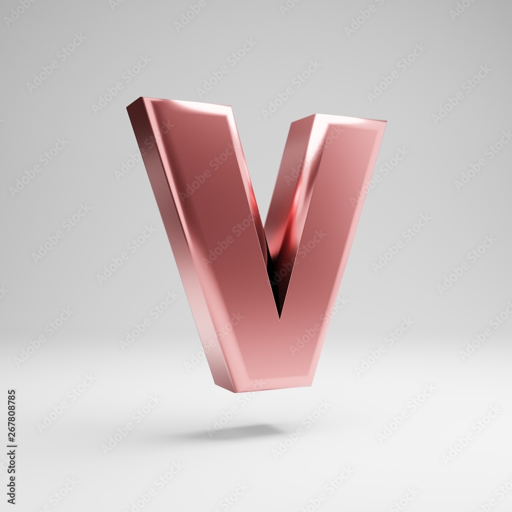 Volumetric glossy Rose Gold uppercase letter V isolated on white background. Volumetric glossy Rose Gold uppercase letter V isolated on white background.