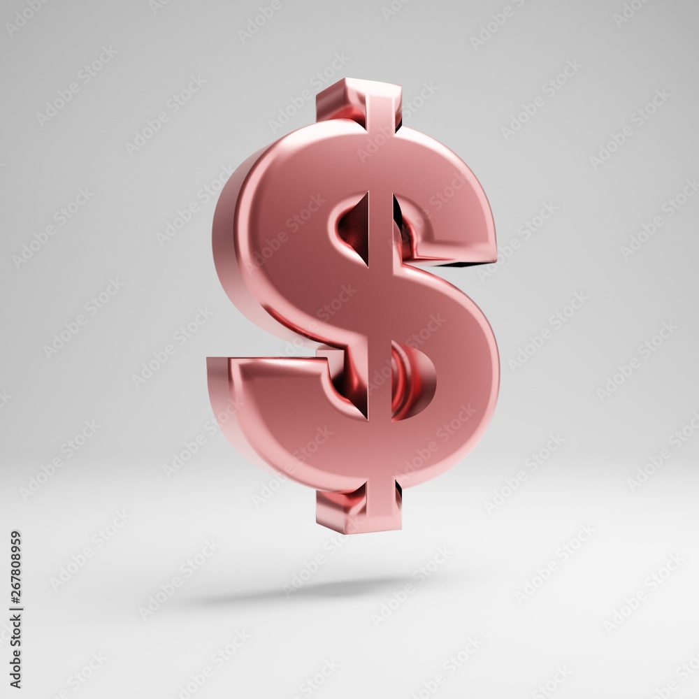 Volumetric glossy Rose Gold dollar symbol isolated on white background. Volumetric glossy Rose Gold dollar symbol isolated on white background.