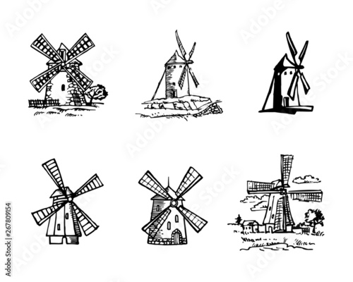 windmill Dutch type, set of black and white hand drawn icons