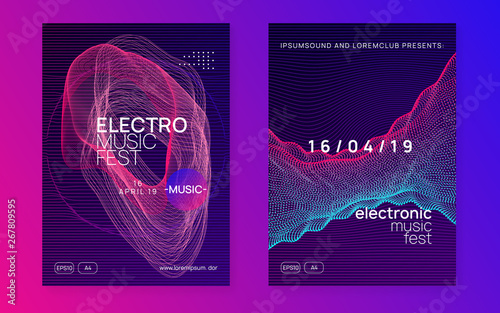 Edm flyer. Dynamic fluid shape and line. Trendy discotheque invitation set. Neon edm flyer. Electro trance music. Techno dj party. Electronic sound event. Club dance poster.