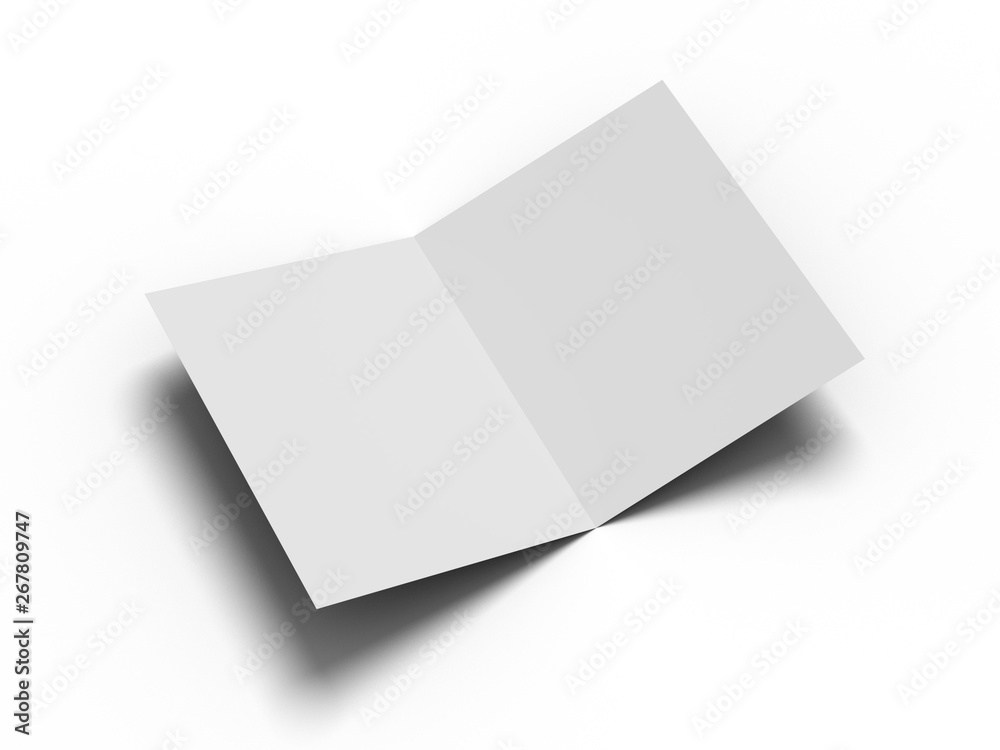 White vertical booklet mockap brochure magazine A4 divided into two parts isolated. 3D rendering. White vertical booklet mockap brochure magazine A4 divided into two parts isolated. 3D rendering.