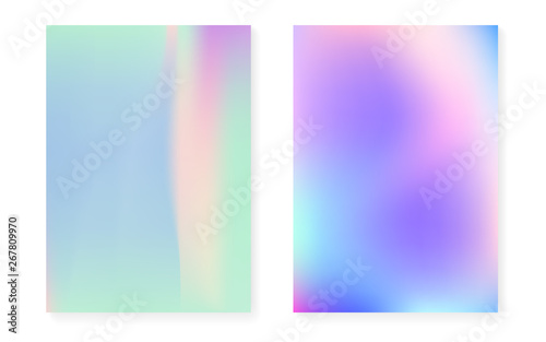 Holographic cover set with hologram gradient background. 90s, 80s retro style. Pearlescent graphic template for placard, presentation, banner, brochure. Rainbow minimal holographic cover.