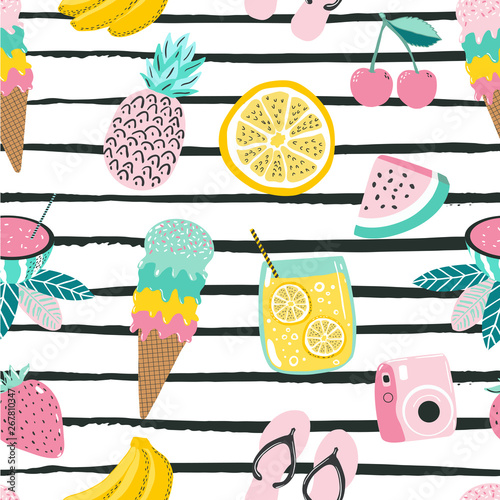 Summer fun hand drawn seamless pattern with stripes on background and colorful summer fruits