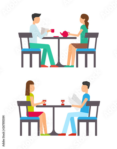 Man and woman sitting on chairs at table, drinking cups of coffee and tea. Couples in casual clothes, girl in t-shirt and skirt, boy in trousers vector