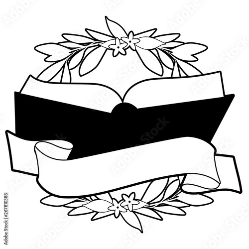 Book surrounded by wreath of leaves and flowers and text banner isolated on white background