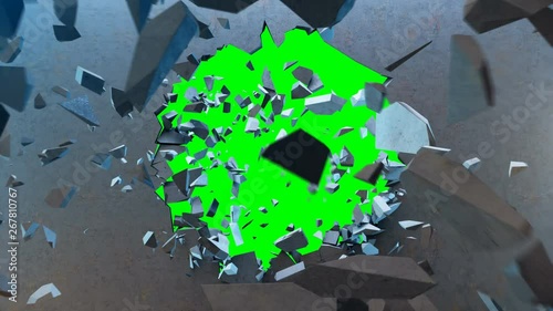 Concrete wall flying into small pieces. Cracked earth. Slow motion effect. Explosion, destruction, broken, concrete wall. Isolated on green background, 4K 3D animation on a green background