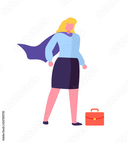 Woman in super hero coat with red briefcase isolated cartoon character. Vector businesswoman, leader ready to solve tasks, confident blonde lady in skirt