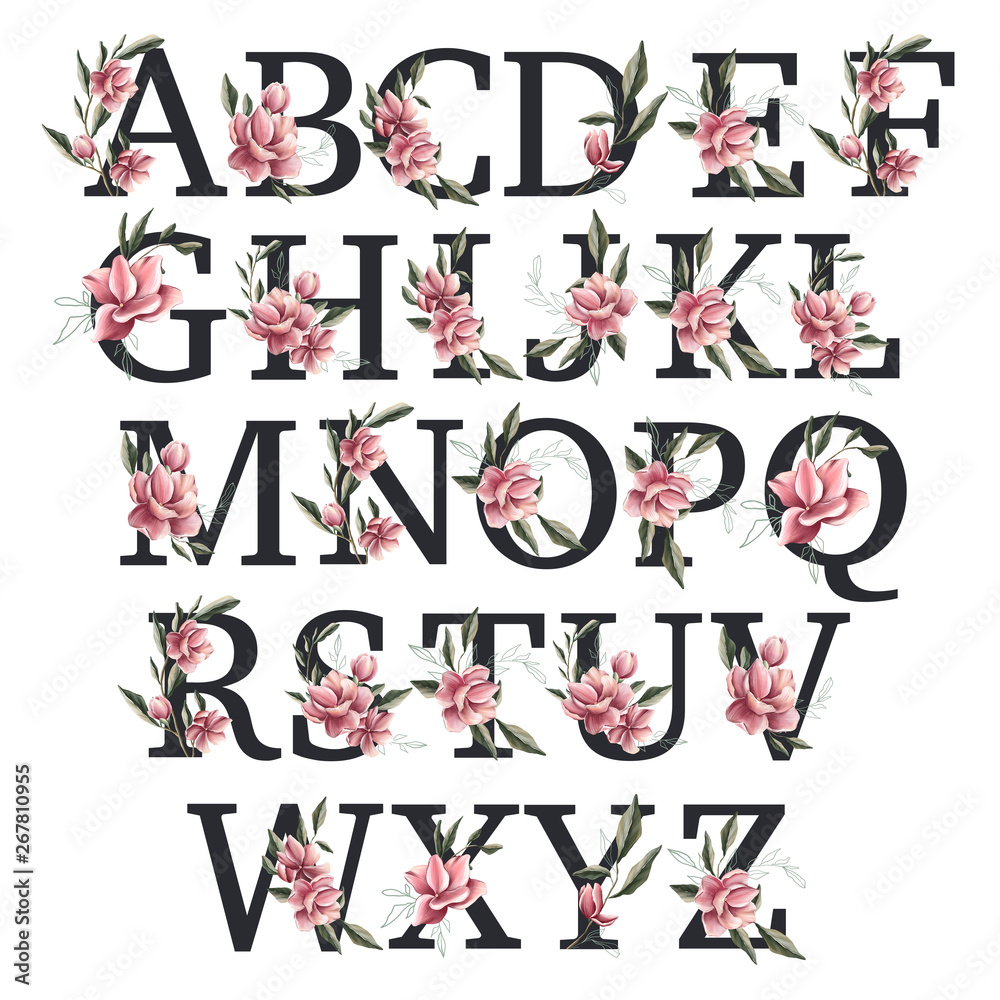 Magnolia flower blossom alphabet. Magnolia flower blossom alphabet.