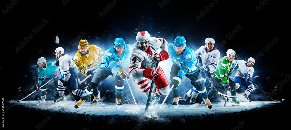Grand ice hockey collage with professional players on the black background