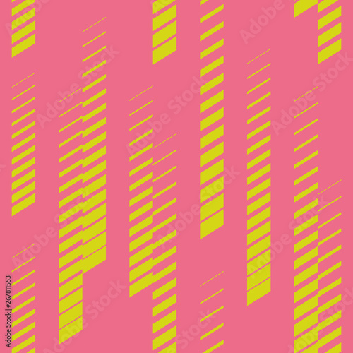 Abstract geometric seamless pattern with vertical fading lines, tracks, halftone stripes. Trendy vector background in bright neon colors, coral and lime green. Extreme sport style texture, urban art